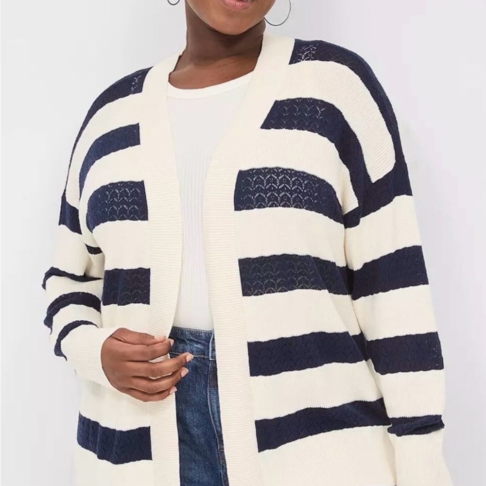 Lane Bryant Navy and Cream Striped Open-Front Cardigan
